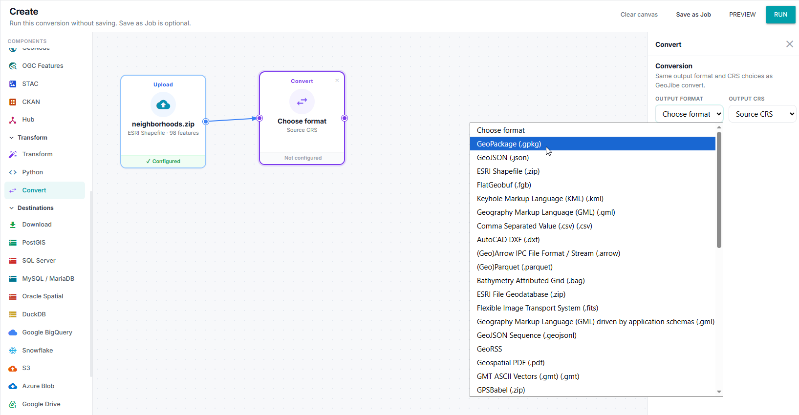 Choose an output format such as GeoPackage