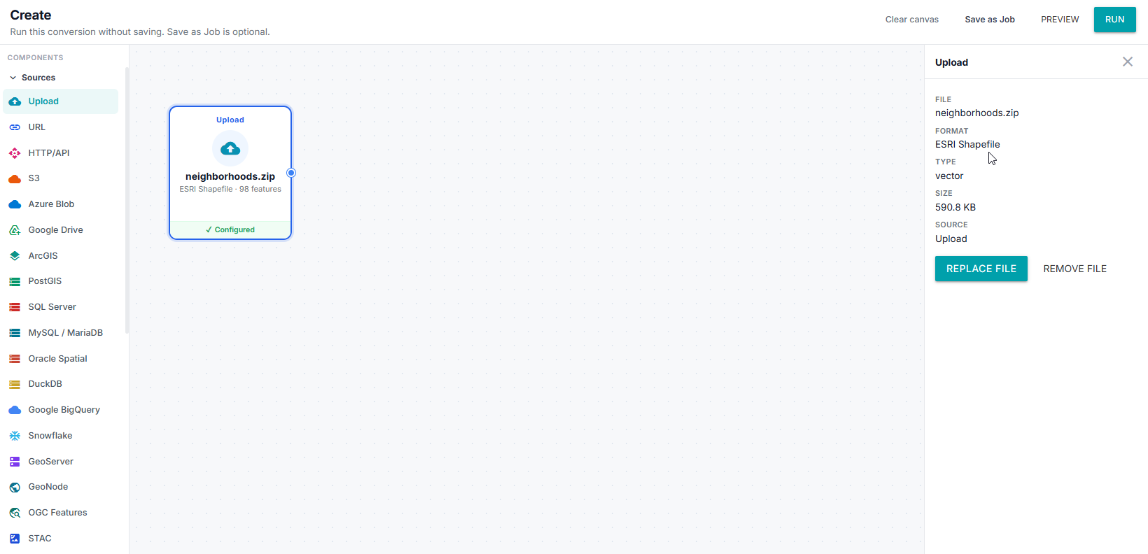 Uploaded file on the canvas, marked Configured