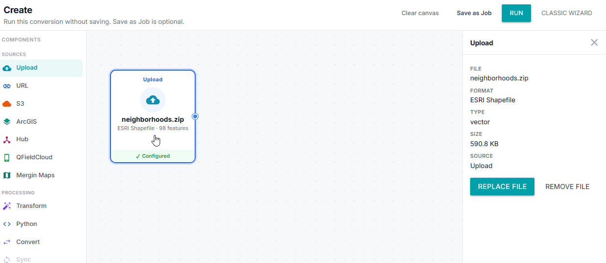 GeoJibe Canvas showing Upload component configured with neighborhoods.zip