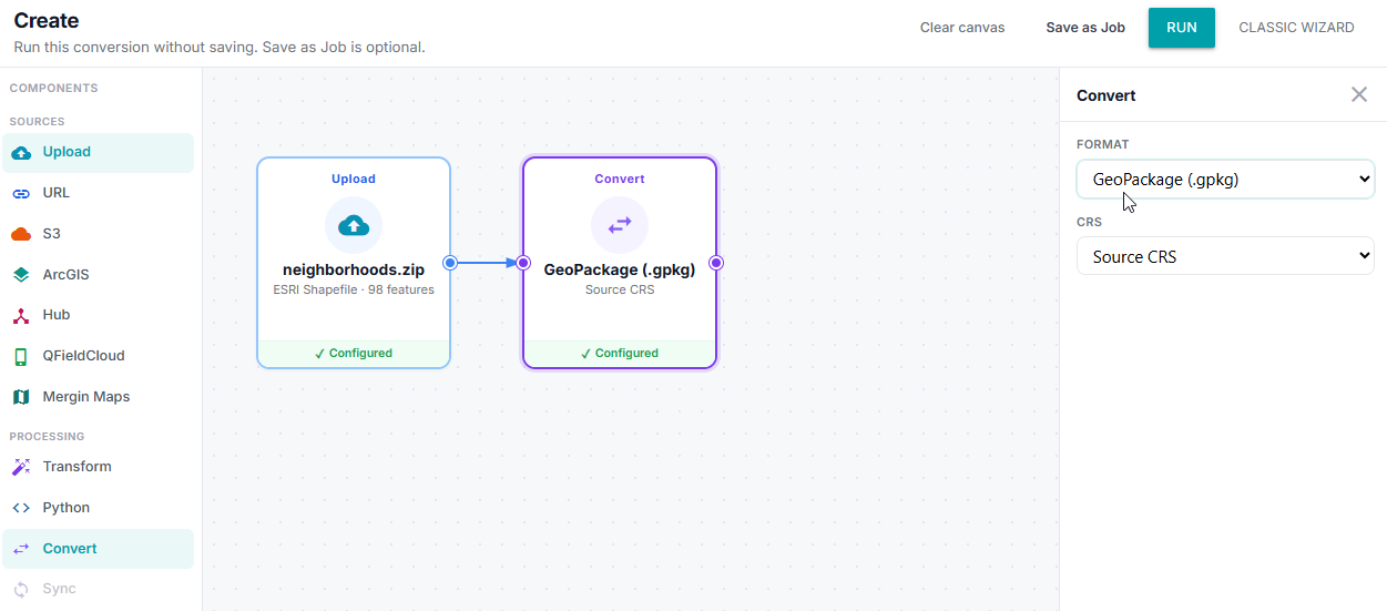 GeoJibe Convert inspector with GeoPackage selected
