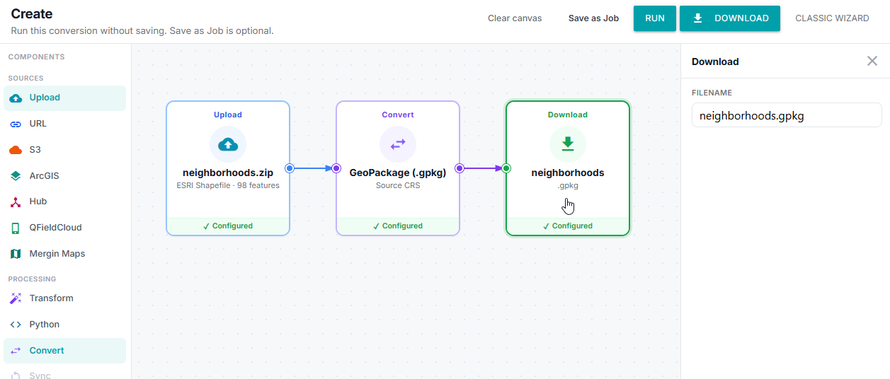 Completed GeoJibe Canvas containing Upload to Convert to Download