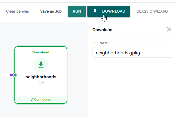 GeoJibe completed run state showing Download button ready