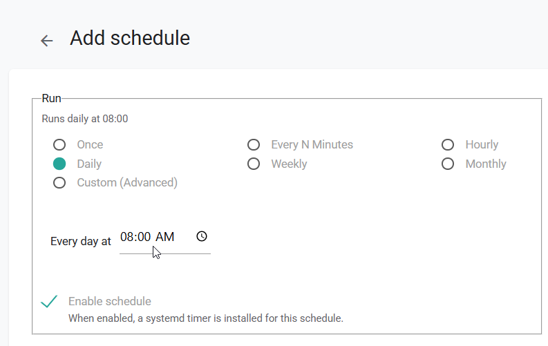 GeoJibe Add schedule dialog showing daily execution configuration